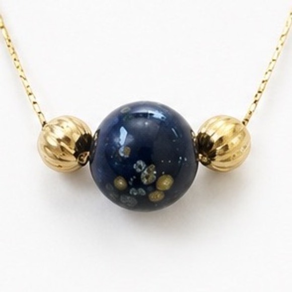 Jewelry - Gold Tone Dainty Necklace Blue Art Glass Bead Celestial Speckle Barrel Pin Clasp